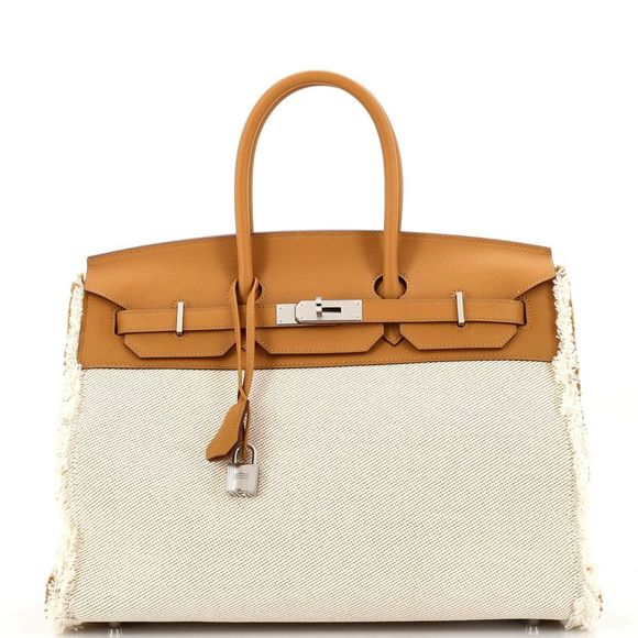Hermes Handbags - Hermes Fray Fray Birkin Bag Toile and Swift 35 Neutral